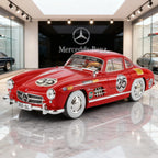Red Mercedes-Benz 300 SL race car die-cast model with #35 livery, AMG decals, displayed in showroom from revnhaus