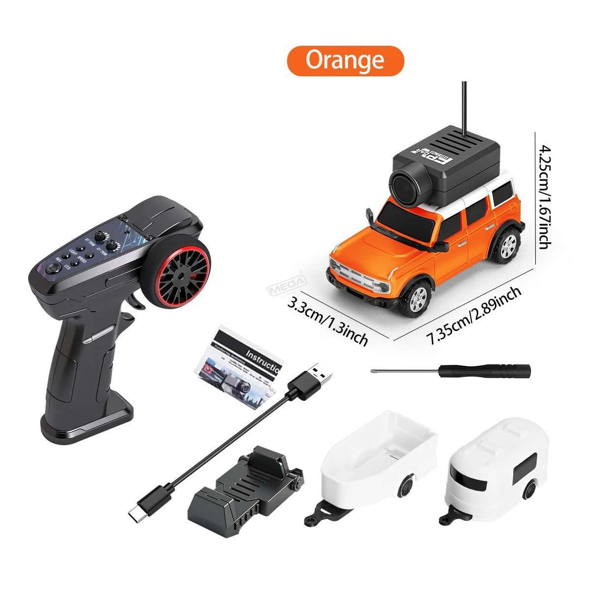 Orange RC drift car with remote, USB charger, and accessories from revnhaus