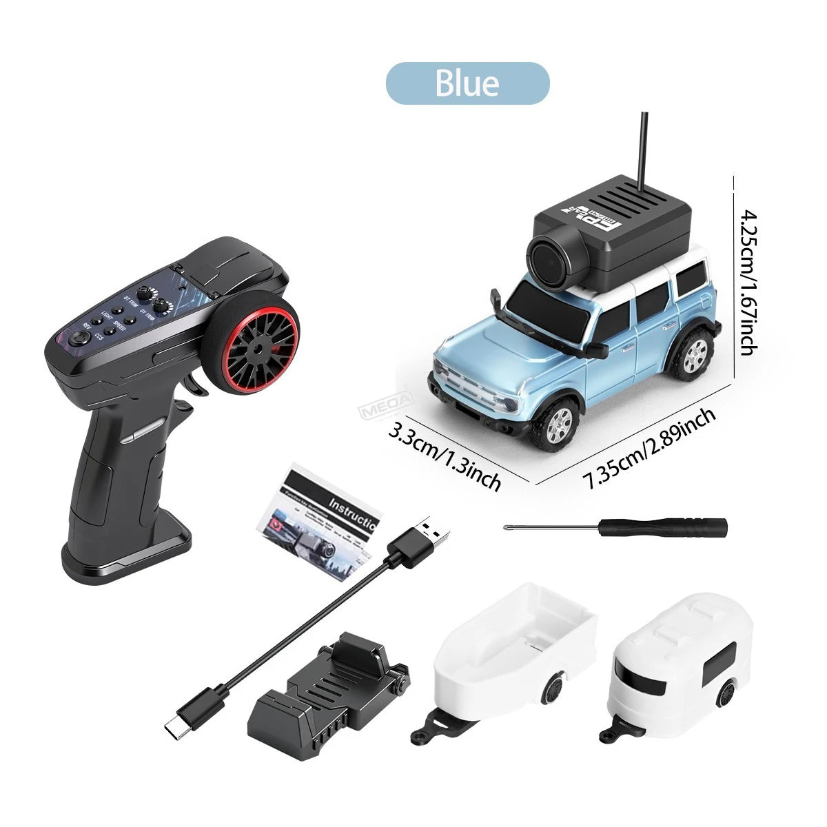 Blue RC drift car with remote, USB charger, and accessories from revnhaus