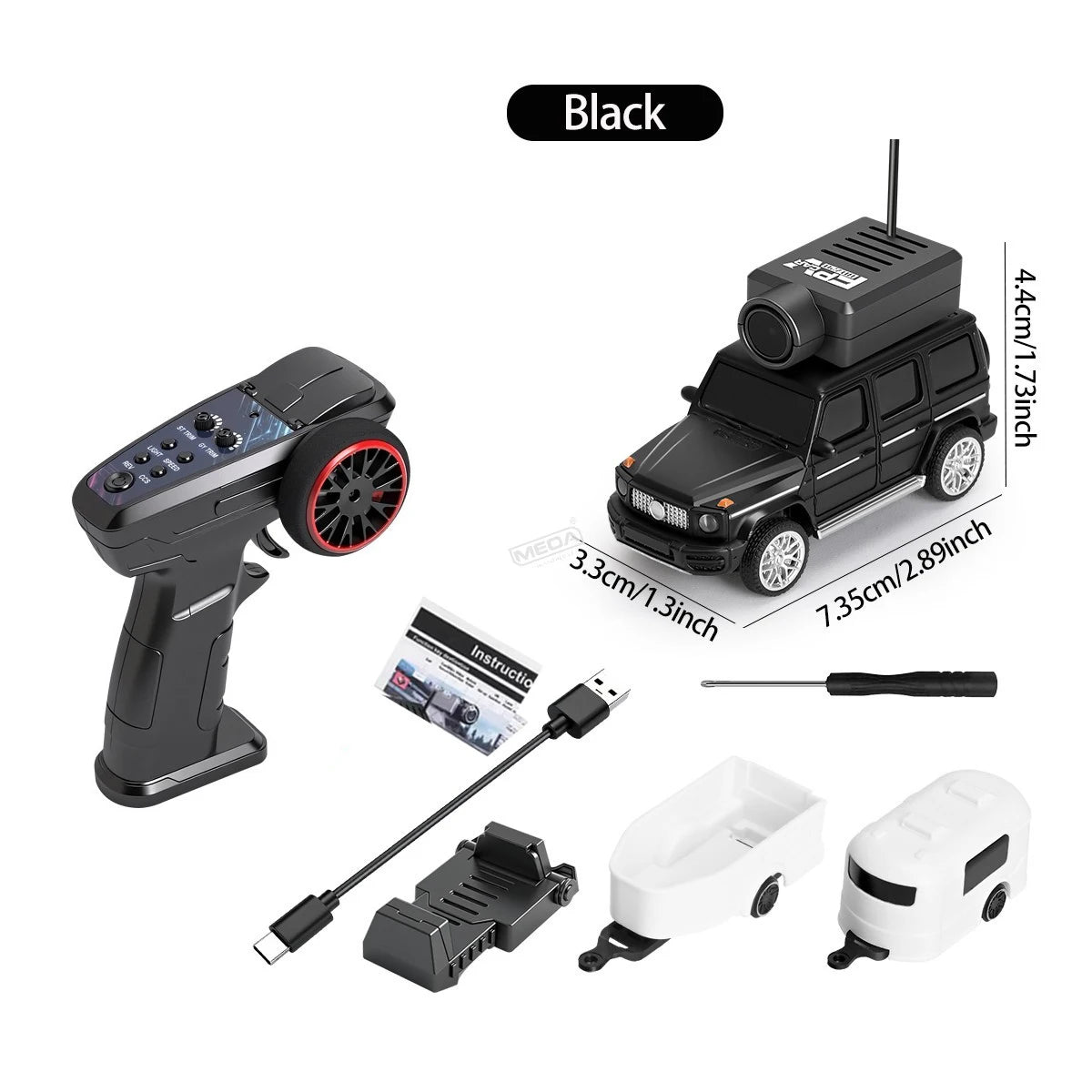 Black RC drift car with remote, USB cable, and accessories from revnhaus