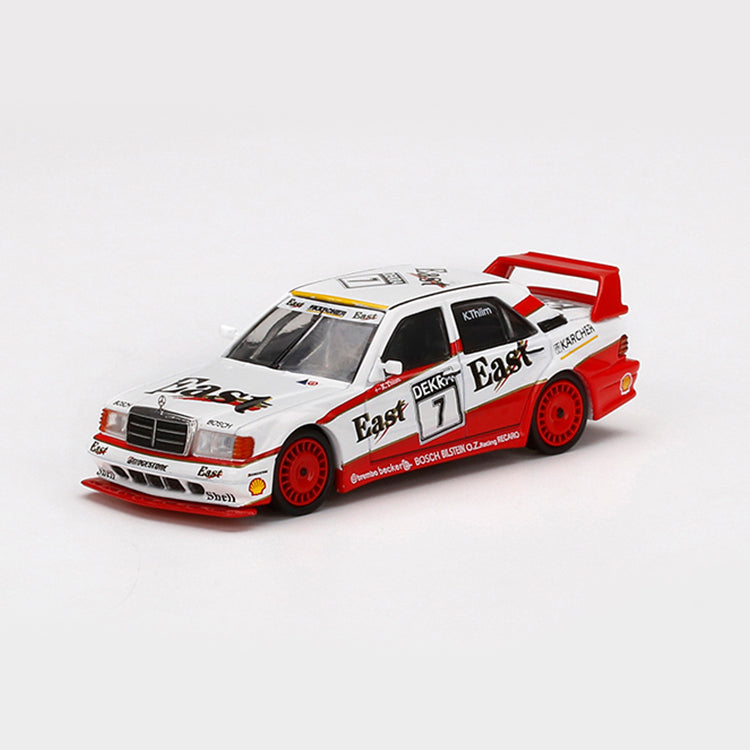 Mercedes-Benz DTM race car die-cast model with East livery, red accents, and #7 racing number from revnhaus