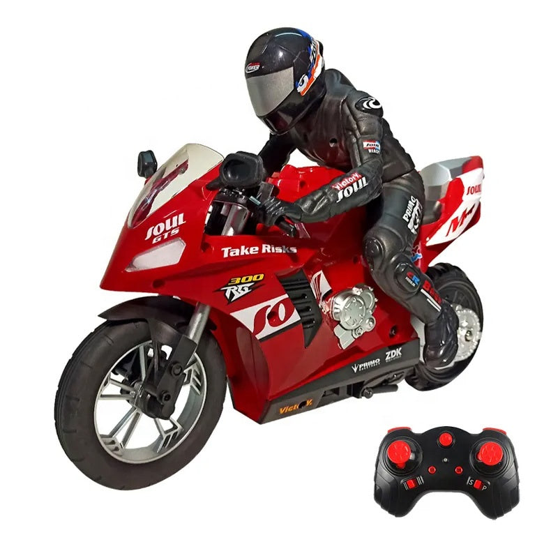 Red RC motorcycle with rider and remote control, motorsport collectible from revnhaus