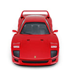 Red Ferrari F40 die-cast model car with rear wing and iconic prancing horse emblem from revnhaus
