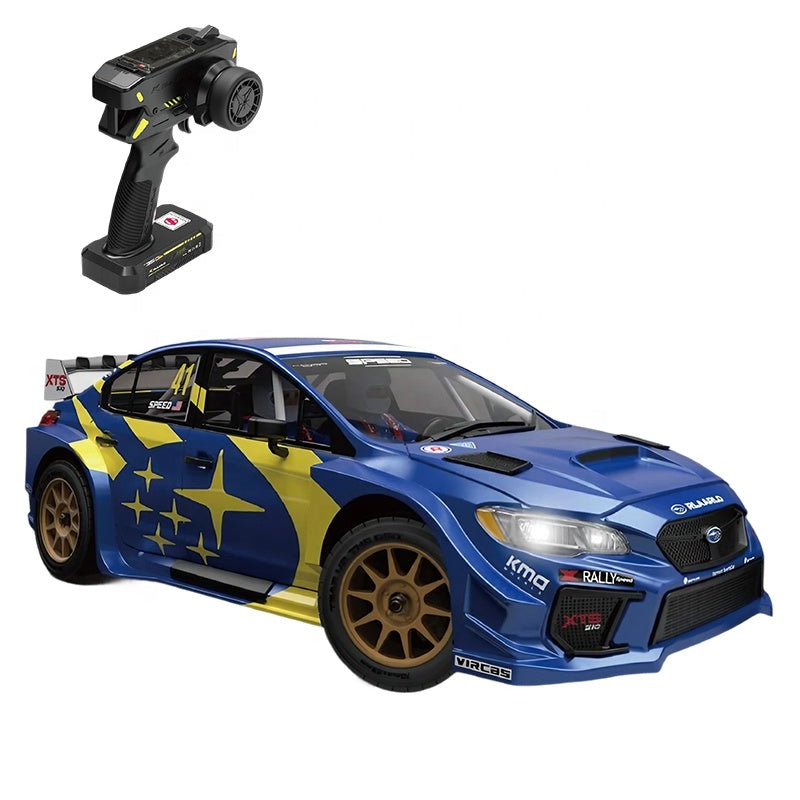 Blue and yellow Subaru rally RC drift car with remote controller from revnhaus