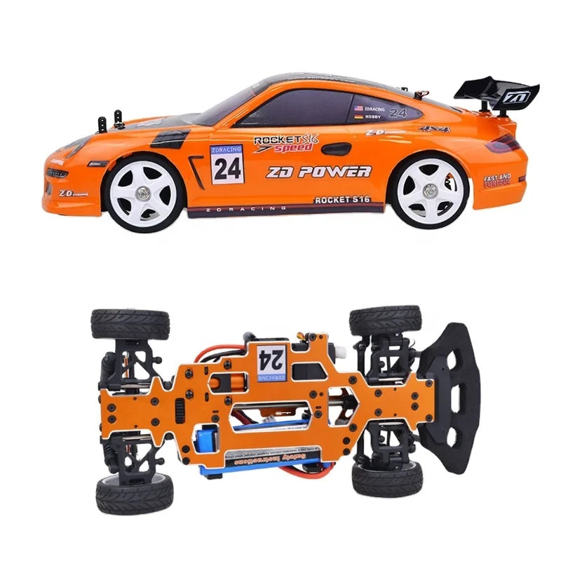Orange RC drift car with ZD Power livery, Rocket S16 body, and exposed chassis from revnhaus