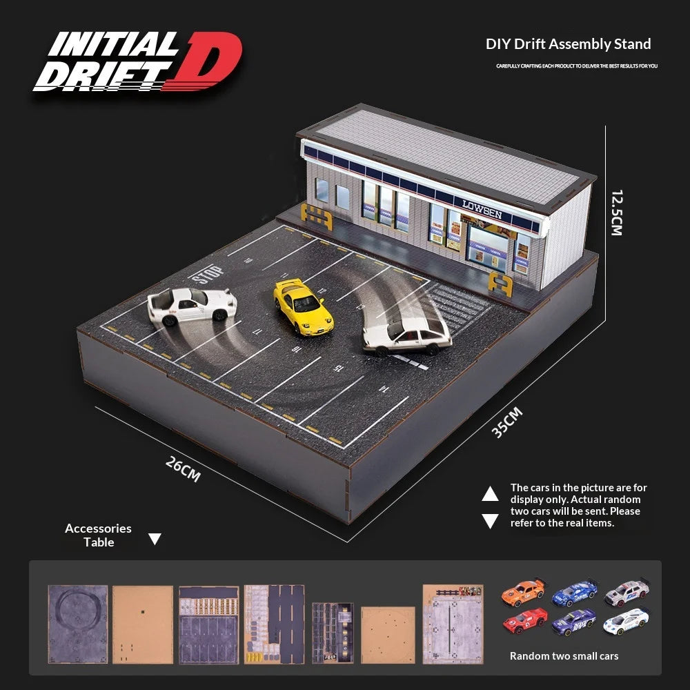 Initial D DIY drift assembly stand with miniature garage and parking lot, includes random small cars from revnhaus