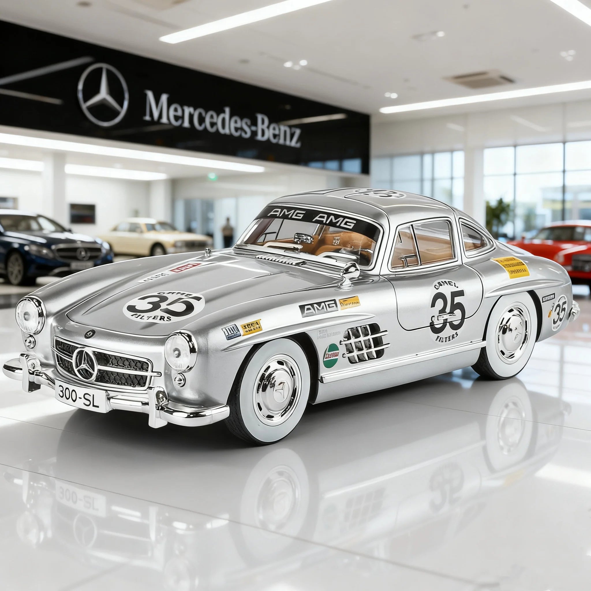 Silver Mercedes-Benz 300 SL race car die-cast model with #35 decals, AMG branding, from revnhaus