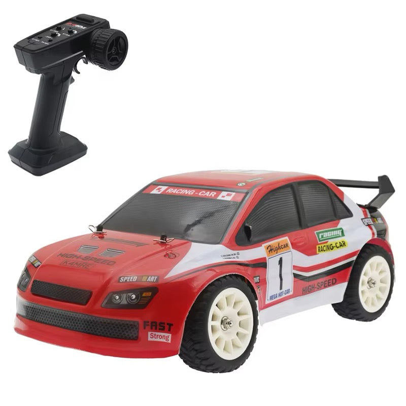 Red and white RC drift car with remote control, high-speed racing design from revnhaus