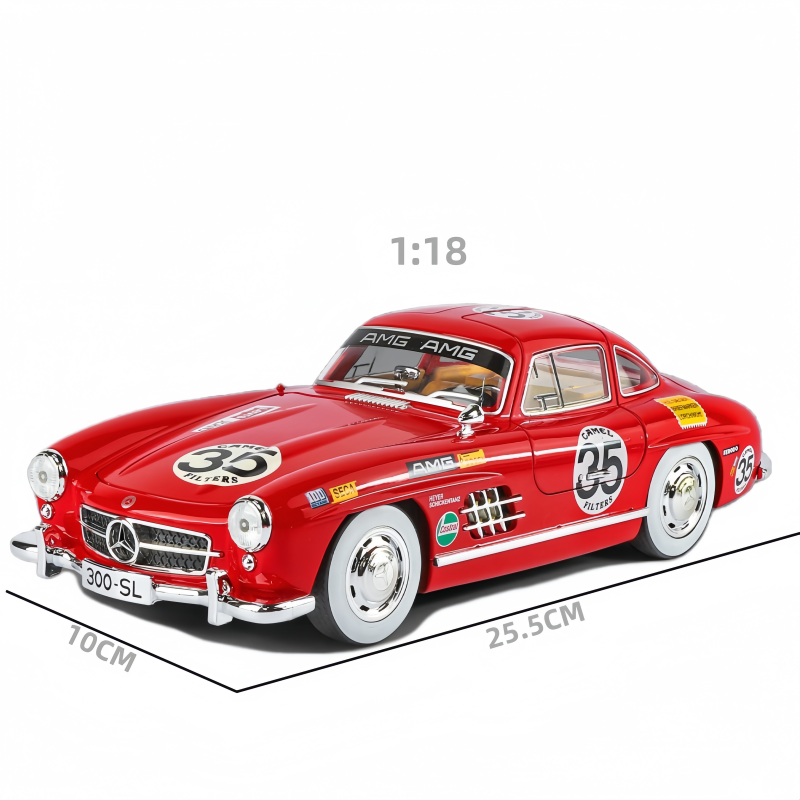 Red 1:18 scale Mercedes-Benz 300 SL die-cast model with racing decals, 25.5cm long from revnhaus