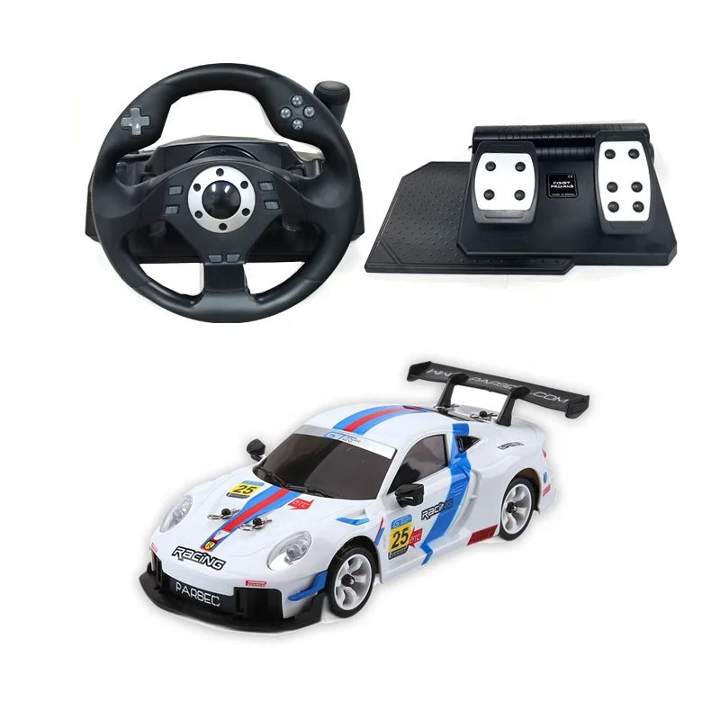 RC drift car with racing livery, steering wheel controller, and pedal set from revnhaus
