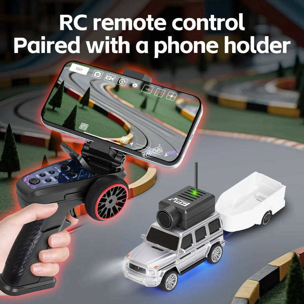 RC remote control with phone holder for FPV racing, paired with silver drift car from revnhaus