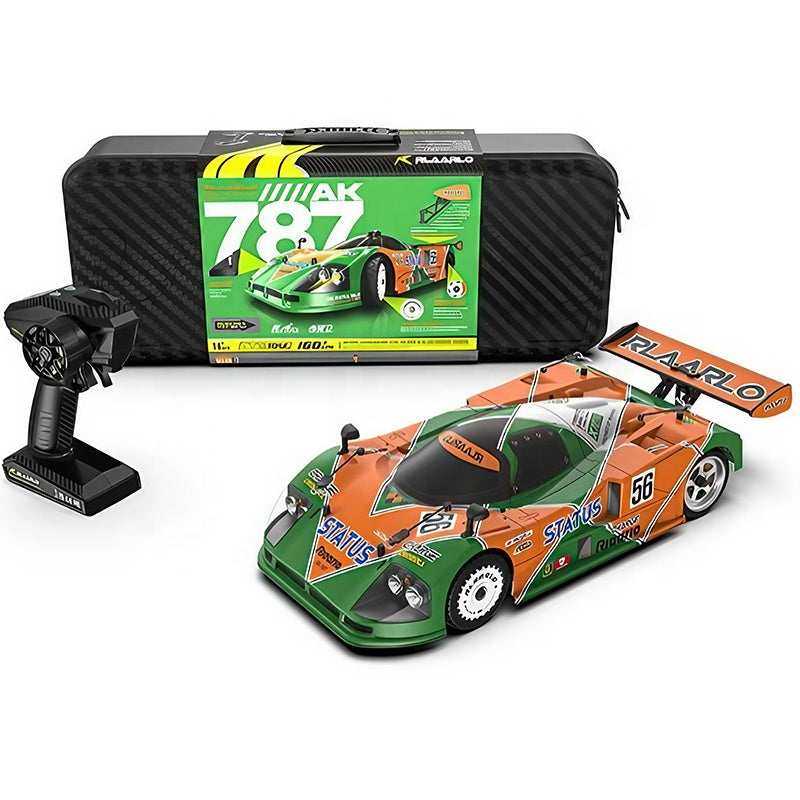 Green and orange RC drift car with remote and carrying case, from revnhaus