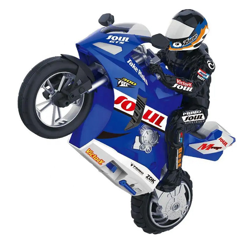 Blue SOUL GTS RC motorcycle with rider in racing gear, die-cast collectible from revnhaus