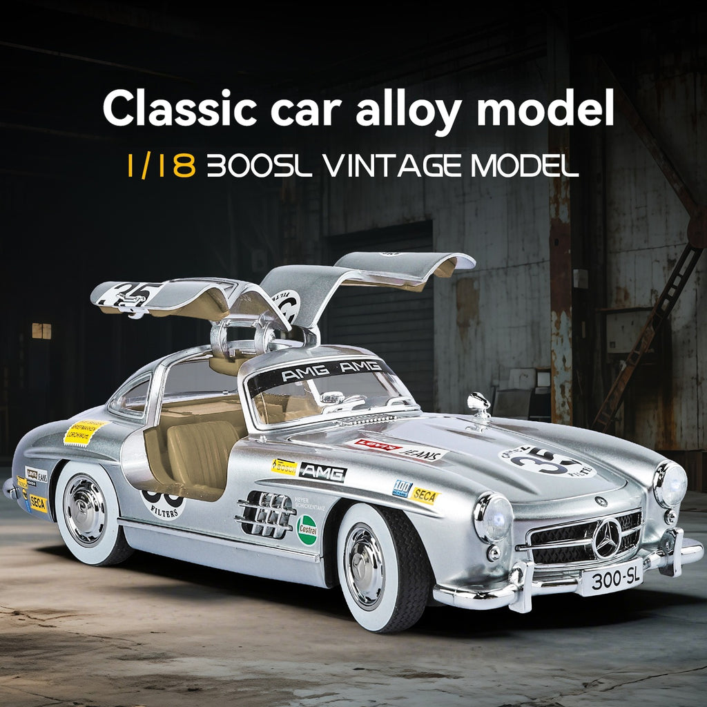 1/18 scale silver Mercedes 300SL vintage alloy model car with gullwing doors, racing decals from revnhaus
