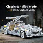 1/18 scale silver Mercedes 300SL vintage alloy model car with gullwing doors, racing decals from revnhaus