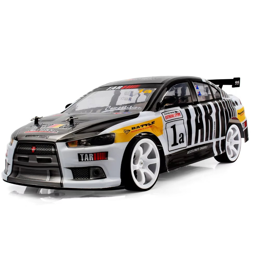RC drift car with racing decals and white wheels from revnhaus
