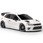 White RC drift car with black rims and rear wing, die-cast collectible from revnhaus