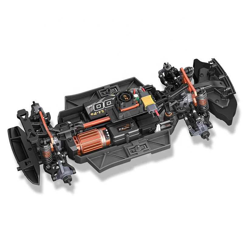 High-performance RC drift car chassis with detailed suspension and motor, from revnhaus