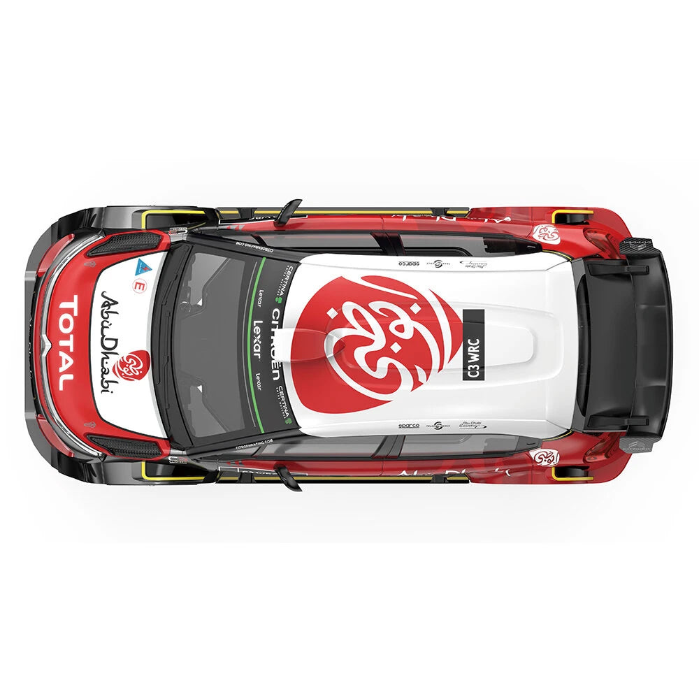 Top view of red and white Citroën C3 WRC rally car with Abu Dhabi and Total livery from revnhaus