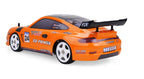 Orange RC drift car with racing decals and rear wing, from revnhaus