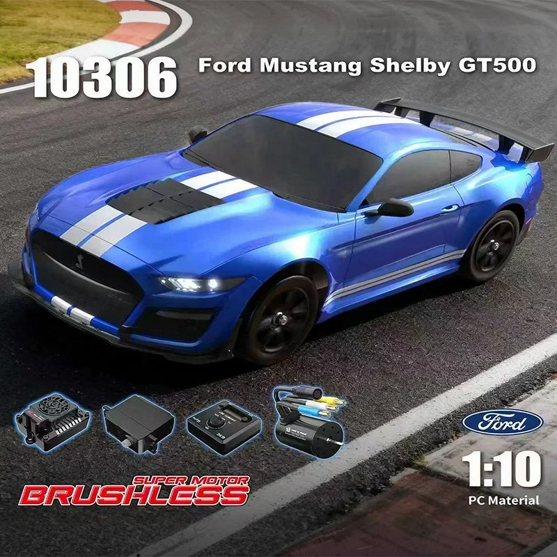 Blue Ford Mustang Shelby GT500 RC drift car with brushless motor, 1:10 scale, from revnhaus