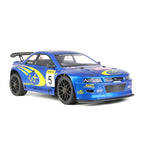 Blue Subaru RC drift car with yellow decals and number 5, from revnhaus