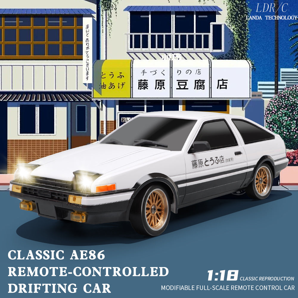 Classic AE86 remote-controlled drifting car with gold wheels, modifiable 1:18 scale model from revnhaus