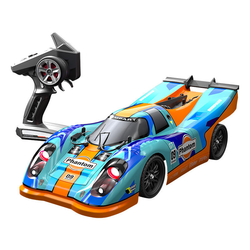 Blue and orange RC drift car with Phantom livery and remote control from revnhaus