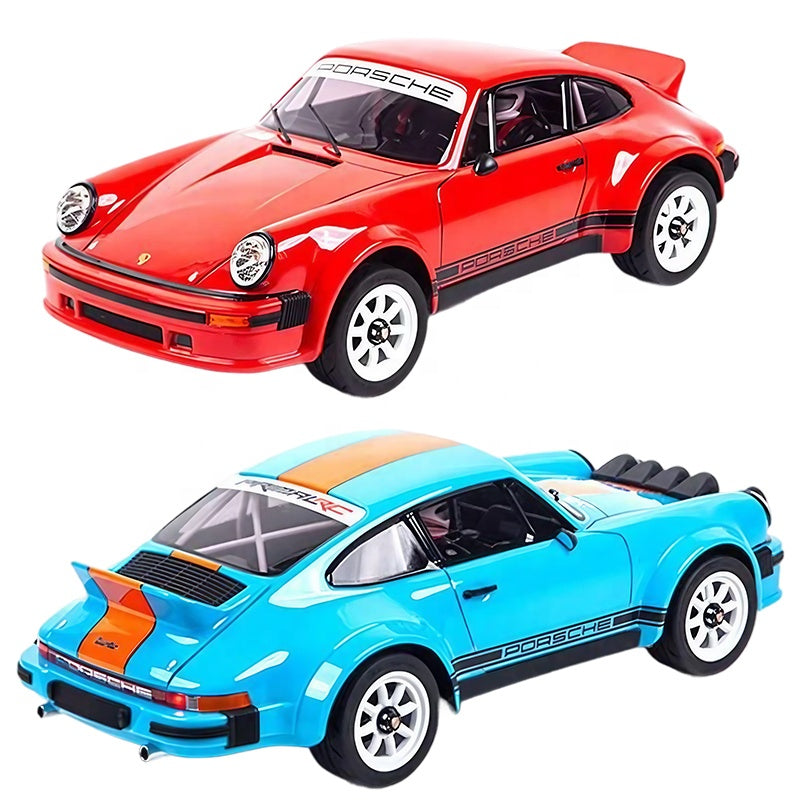 Red and blue Porsche 911 die-cast collectible cars with racing stripes from revnhaus