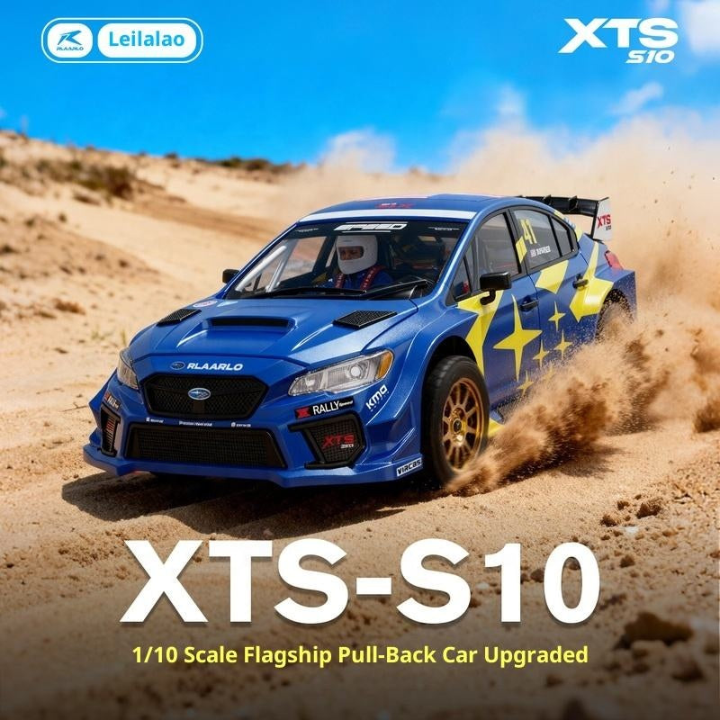 Blue RLAARLO XTS-S10 1/10 scale pull-back rally car drifting on dirt, from revnhaus