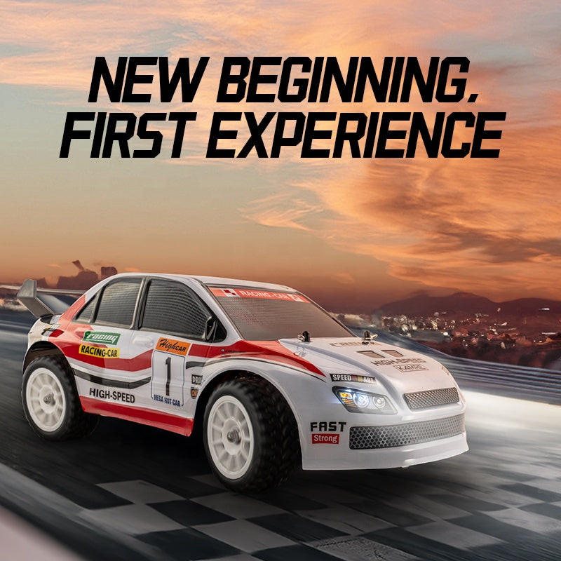 RC drift car racing on checkered track at sunset, high-speed motorsport action from revnhaus