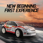 RC drift car racing on checkered track at sunset, high-speed motorsport action from revnhaus