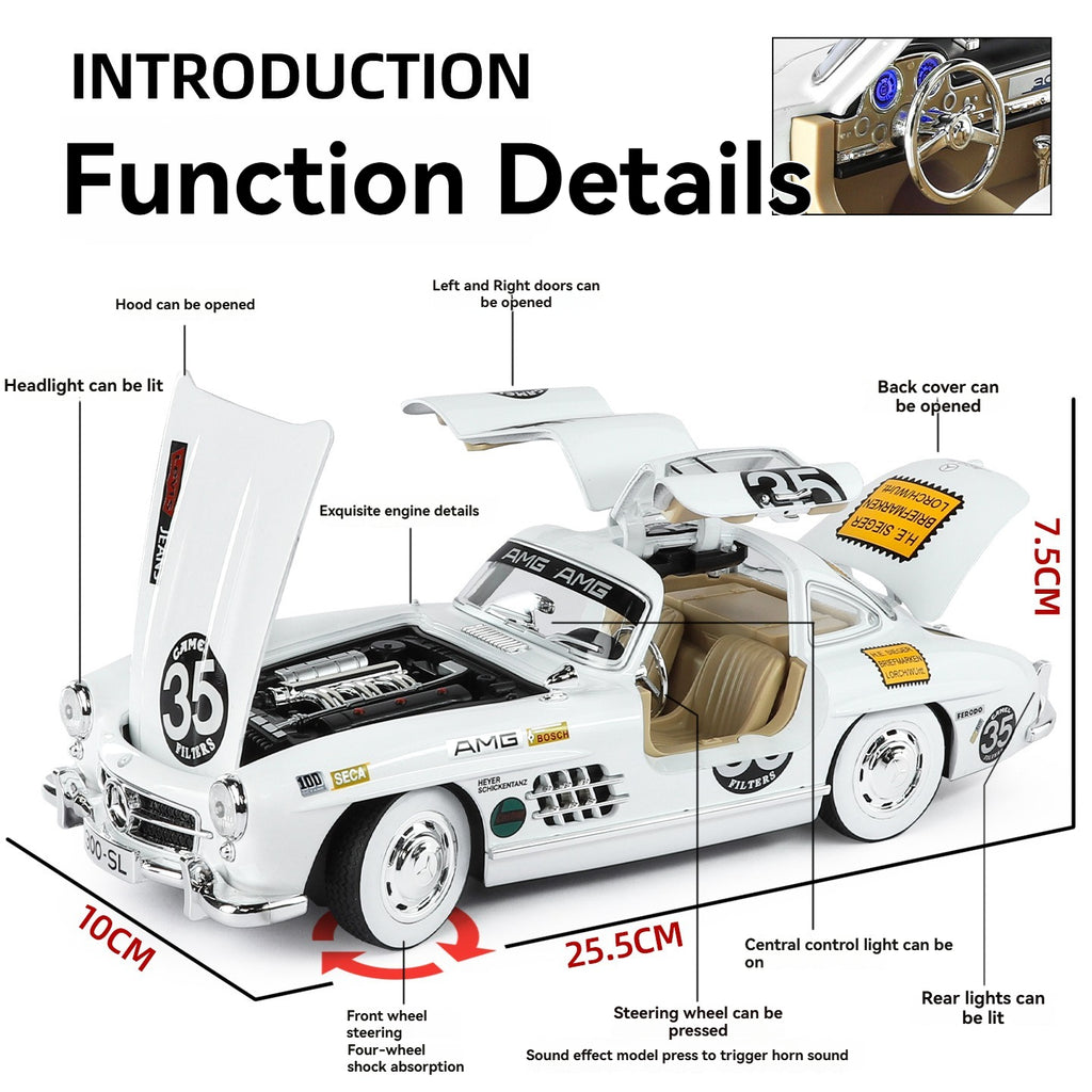 White AMG 300 SL die-cast model car with opening doors, hood, and trunk, light & sound features from revnhaus