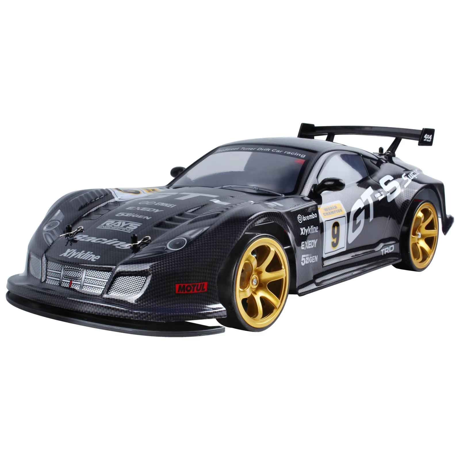 Black GT-R S Super drift car model with gold wheels and racing decals from revnhaus