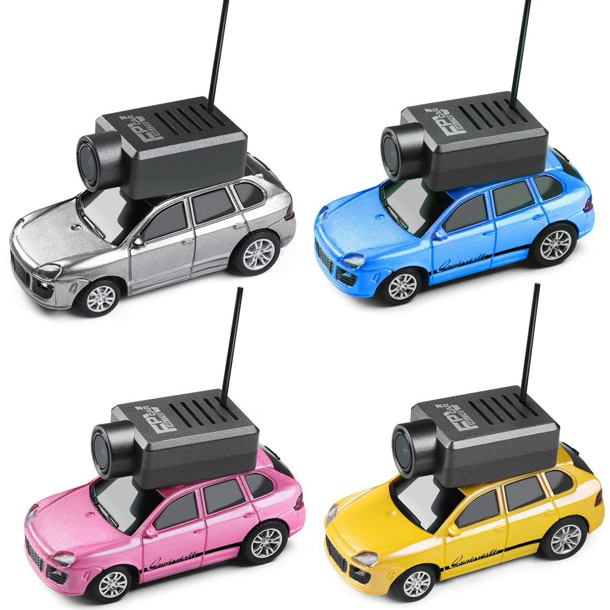 Mini RC drift cars with FPV cameras in silver, blue, pink, yellow from revnhaus