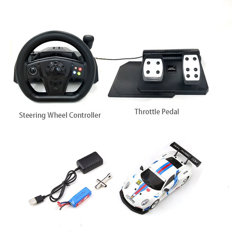 RC drift car with steering wheel controller and throttle pedal for racing simulation from revnhaus