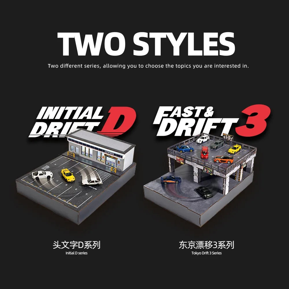 Initial D and Tokyo Drift 3 die-cast car display sets with drift scenes from revnhaus
