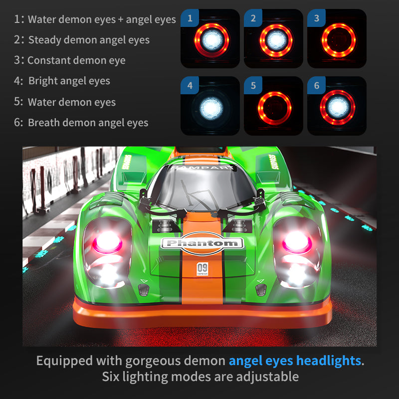Green Phantom RC drift car with demon angel eyes headlights, 6 adjustable modes from revnhaus