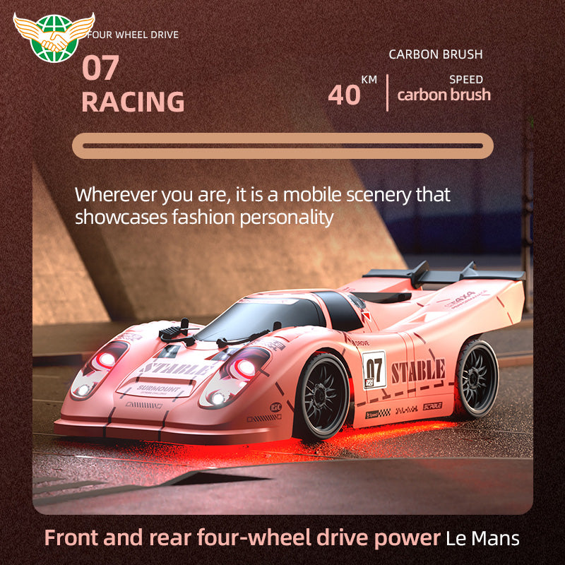 Pink RC drift car with 07 racing livery, carbon brush motor, 40km/h speed, four-wheel drive, from revnhaus