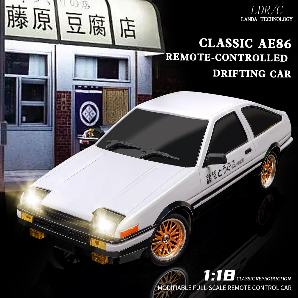 White AE86 remote-controlled drifting car with gold wheels, 1:18 scale, from revnhaus