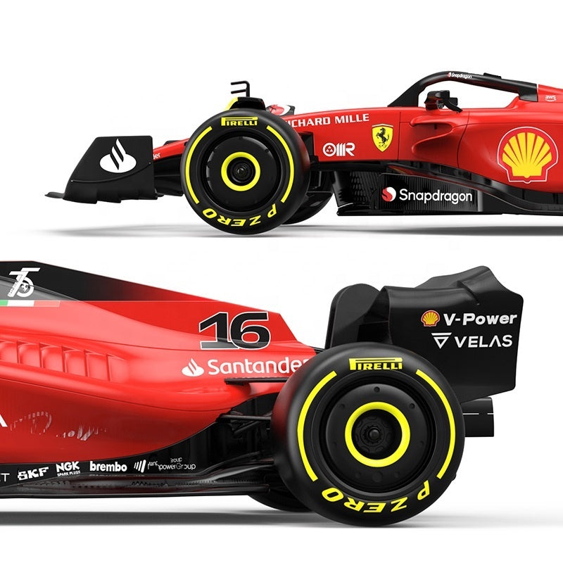 Red Formula 1 race car with Pirelli tires and Shell branding, number 16, from revnhaus