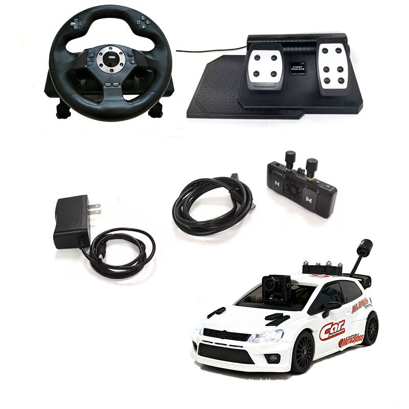 RC drift car with racing wheel, pedals, and controller accessories from revnhaus