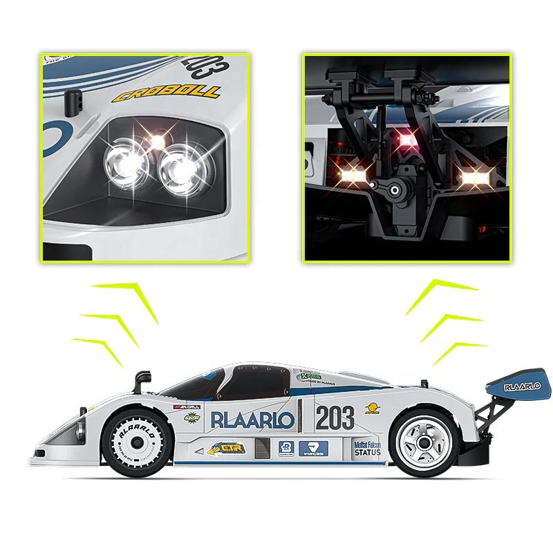RC drift car with glowing headlights and taillights, detailed suspension, RLAARIO 203 livery from revnhaus