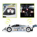 RC drift car with glowing headlights and taillights, detailed suspension, RLAARIO 203 livery from revnhaus