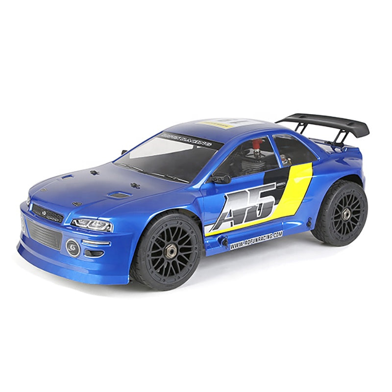Blue RC drift car with A5 livery and rear spoiler, from revnhaus