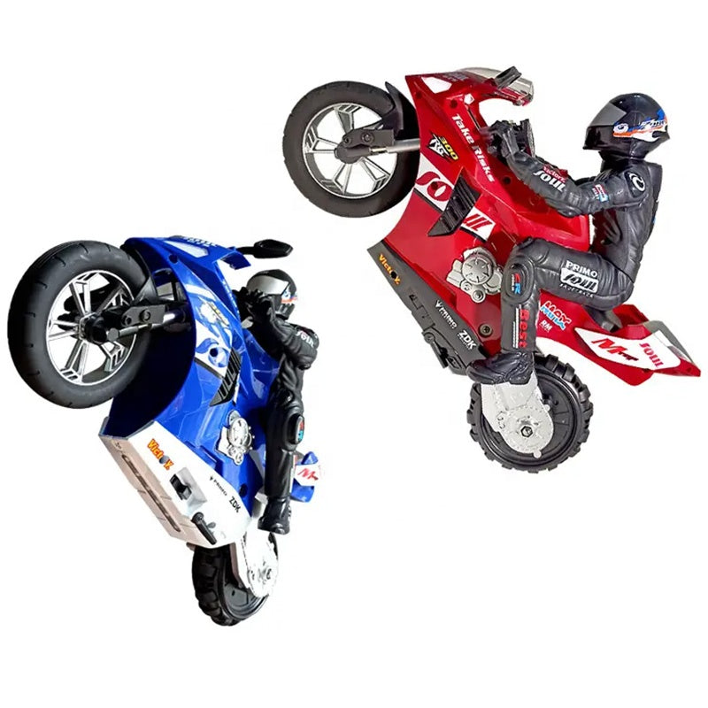 Blue and red RC stunt motorcycles with rider figures performing wheelies from revnhaus