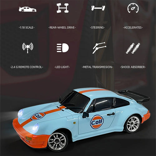 1:18 scale RC drift car with LED lights, rear-wheel drive, and 2.4G remote control from revnhaus