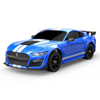 Blue Ford Mustang GT500 RC drift car with white racing stripes from revnhaus