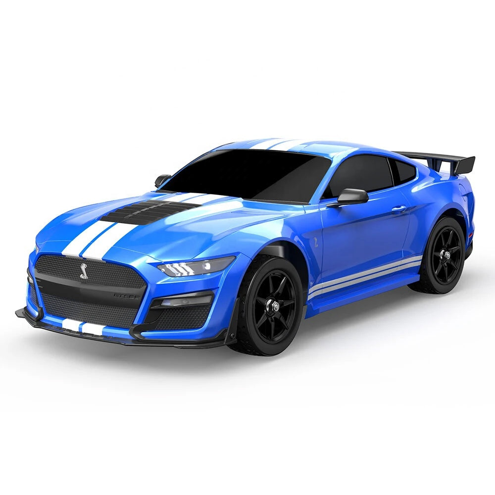 Blue Ford Mustang GT500 RC drift car with white racing stripes from revnhaus