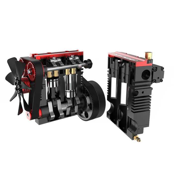 Detailed cutaway view of a red and black RC car engine with visible pistons and gears from revnhaus